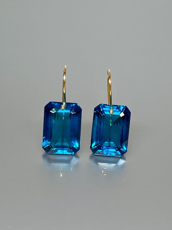 14K Gold Rectangle London Blue Topaz Earrings (30 ct), December Birthstone, Topaz Jewelry, Rectangle Earrings Gold Earrings, Valentine Gifts