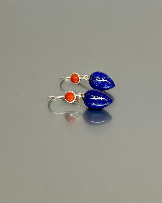 Natural Italian Coral And Lapis Lazuli  Dangle Earrings, Dainty Drop Earrings, Lapis Gold Earrings, Royal blue earrings,  Handmade Jewelry