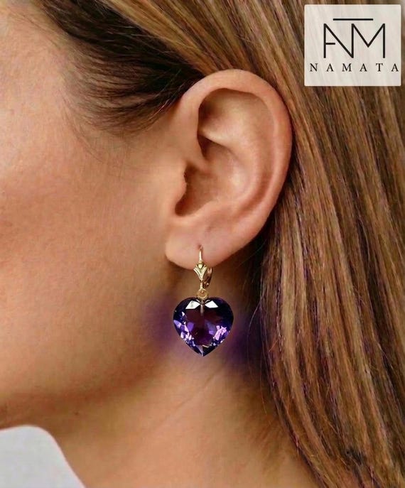 14K Gold Amethyst Heart Earrings, Faceted Amethyst Jewelry, Purple stone Earrings, Gift for Her
