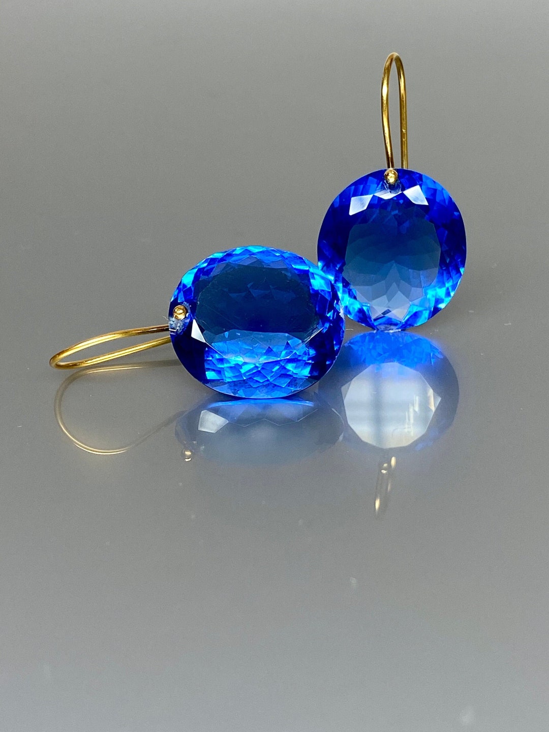 14K Gold Swiss Blue Topaz Earrings, Statement Earrings, Oval Earrings, Blue Stone Earrings