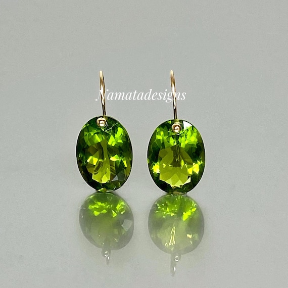 14K/18K Gold Peridot Dangle Earrings: Oval Green stone Jewelry, August Birthstone