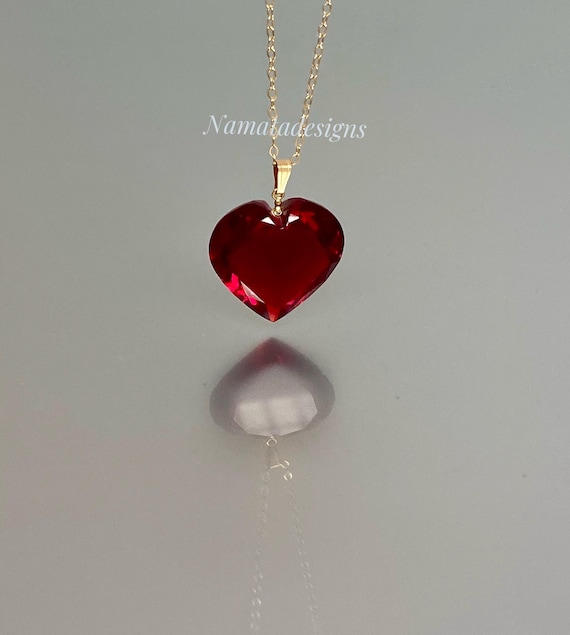 14K Solid Gold Large Ruby Heart Pendant Necklace - July Birthstone Jewelry
