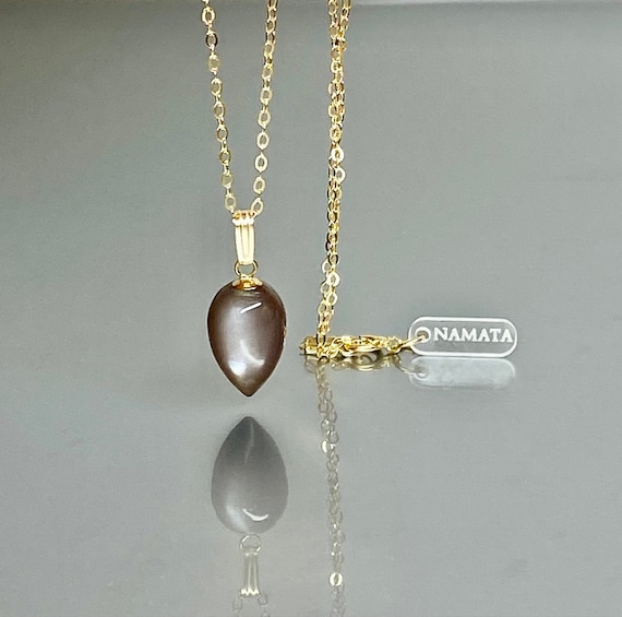 14K Gold Natural Grey Moonstone Necklace, Moonstone Pendant, June Birthstone , Moonstone jewelry , Layering Ncklace, Crystal Necklace Gift.