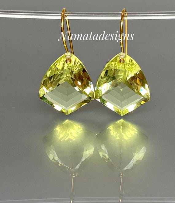 14K Gold Lemon Quartz Kite Shape Earrings: Faceted Statement Jewelry, November birthstone