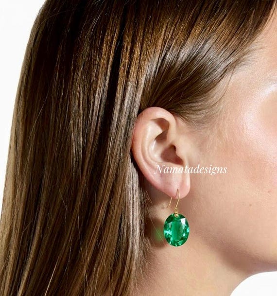 14K Gold Colombian Emerald Earrings Dangle Earrings: Oval Drops, October Birthstone Gift
