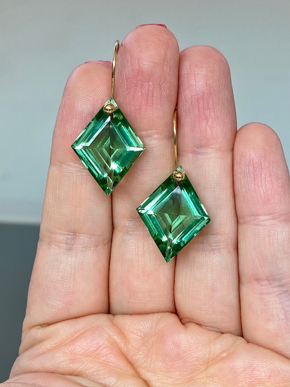 14K Gold Kite shape Green Amethyst (25 ct), Prasiolite Earrings, February Birthstone, Minimalist Earrings, Mother's Day Gift
