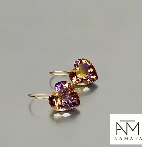 14K SOLID GOLD Ametrine Heart Earrings: One Of A Kind Jewelry