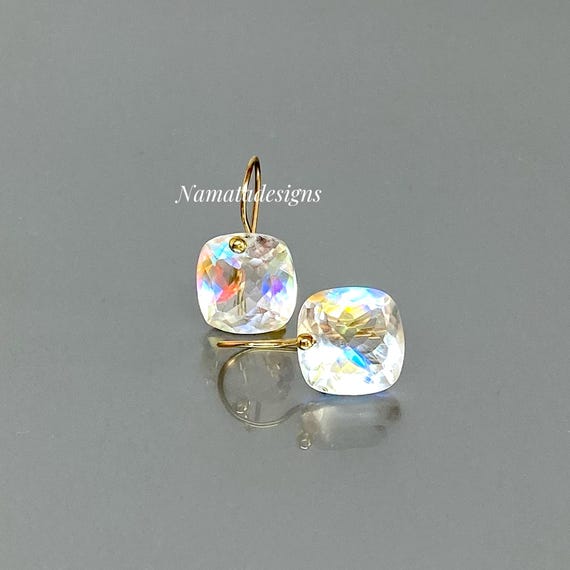 14K/18K Solid Gold Mystic Topaz Dangle Earrings, Rainbow Mystic Topaz Jewelry Gift