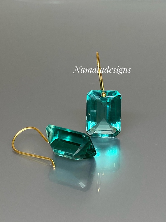 14K Gold Paraiba Tourmaline Drop  Dangle Earrings: Emerald Cut, Solid Gold Jewelry