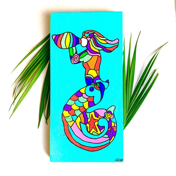 Whimsy Key West Hand Painted Mermaid with Conch Wood Wall Art Dimensions 15 x 7.5