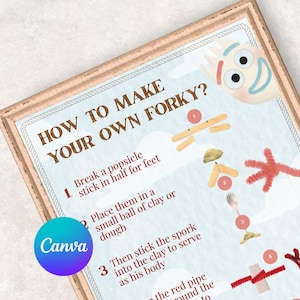 May include: A framed instructional poster titled "HOW TO MAKE YOUR OWN FORKY?" with step-by-step instructions and illustrations. The poster features a light blue background, brown text, and a cartoon character. The Canva logo is visible.