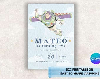 Convite Buzz Lightyear | Fundo de Nuvem Toy Story | Convite para Festa de Aniversário com Tema Galáxia Espacial | Modelo de Astronauta em Aquarela Azul