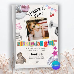 Mall för scrapbooking-födelsedagsinbjudan, dagboksinbjudan, collagefestinbjudan, utklippta bokstäver på Canvas, tjejfest