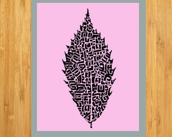 Tree leaf drawing, pink print, nature illustration, pink background, graphic print, botanic art, zigzag, digital download, deco art