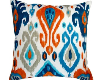 Artisan Pillows 18" Outdoor Modern Colorful Orange Blue Grey Ikat Geometric Throw Pillow, Set of 2