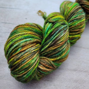 Hand Painted Yarn in Redwood Forest Colorway: Variegate Green and Brown Wool Yarn