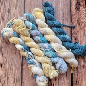 Moody Beach Hand Dyed Yarn Set of Five: Inspired Yarn in Sock, Sport, DK, Worsted, and Bulky Weight Yarn