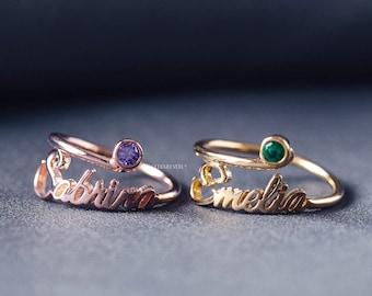 Birthstone Name Ring - Personalized Name Ring - Mothers's Day - Birthstone Jewelry - Dainty Name Ring - Rudy, Blue Topaz B4
