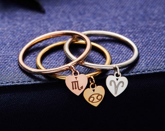 Custom Zodiac Jewelry in Sterling Silver, Gold & Rose Gold - Birthday Gift for Her - Dangle Heart Ring - Dainty Initial Letter Ring