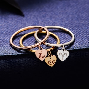 Custom Zodiac Jewelry in Sterling Silver, Gold & Rose Gold - Birthday Gift for Her - Dangle Heart Ring - Dainty Initial Letter Ring