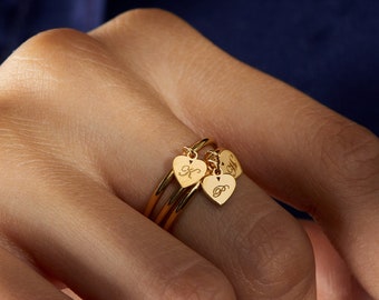Tiny Initial Heart Ring - Custom Heart Ring - Dangle Ring - Initial Heart Ring - Custom Heart Ring - Christmas Gift - Gift for Her B9