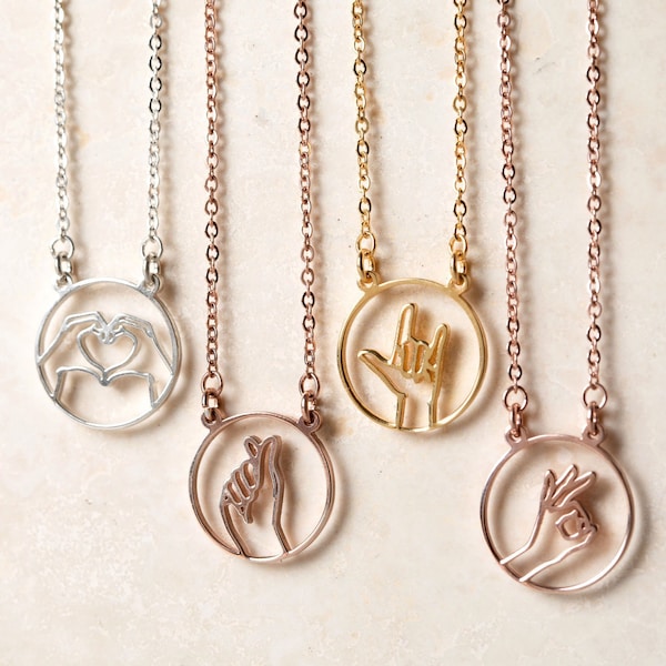 Hand Gesture Necklace - Hand Sign Necklace - Love Necklace - Peace Necklace - Finger Cross Sign - Sign Language Necklace - Pinky Promise