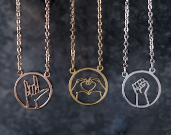 Sterling Silver Hand Sign Necklace: Pinky Promise, Love, Peace