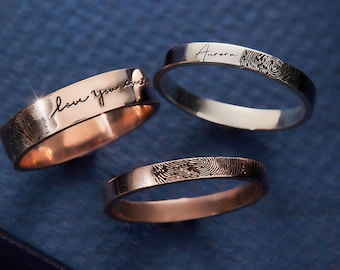 Personalized Finger Print Ring - Stacking Signature Ring - Actual Handwriting Band Ring - Personalized Handwriting Gift -Gift For Her