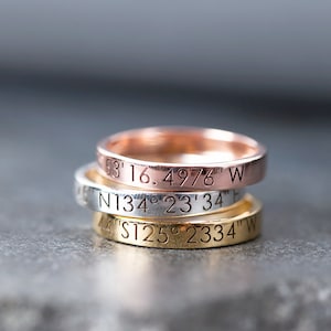 以下が含まれることがあります： 刻まれた座標を持つ3つの重ねられたリング。 上部のリングはローズゴールド、中央のリングはシルバー、下部のリングはゴールドです。 座標は次のとおりです。 53' 16.4976" W、N134° 23' 34"、およびS125° 2334" W。