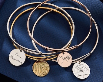 Personalized Handwriting Disc Bracelet - Adjustable Finger Print Bracelet - Stackable Bracelet - Drawing Bracelet - Mother's Day Gifts