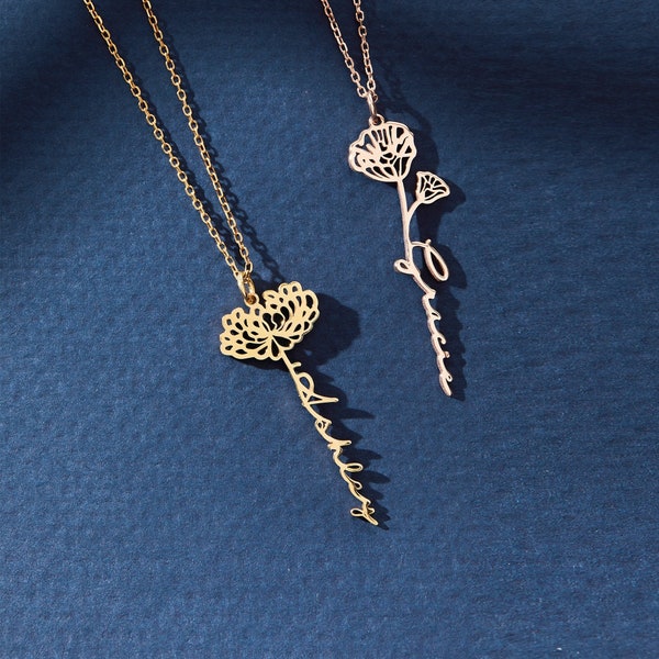 Sterling Silver Birth Flower Name Necklace: Dangle Floral Personalized Jewelry