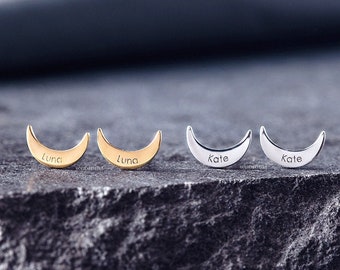 Gold Crescent Moon Name Earrings - Custom Stud Name Earrings- Personalized Earrings - Dainty Moon Earrings - Name Studs - Double Horn