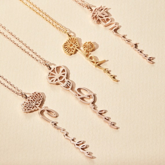 Combined Birth Flower With Personalized Name Necklace Custom - Etsy
