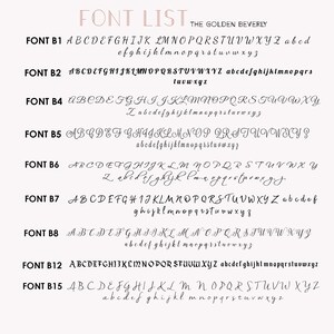 May include: A list of different font styles labeled with the font name and the letters of the alphabet in uppercase and lowercase. The text "THE GOLDEN BEVERLY" is at the top of the image.
