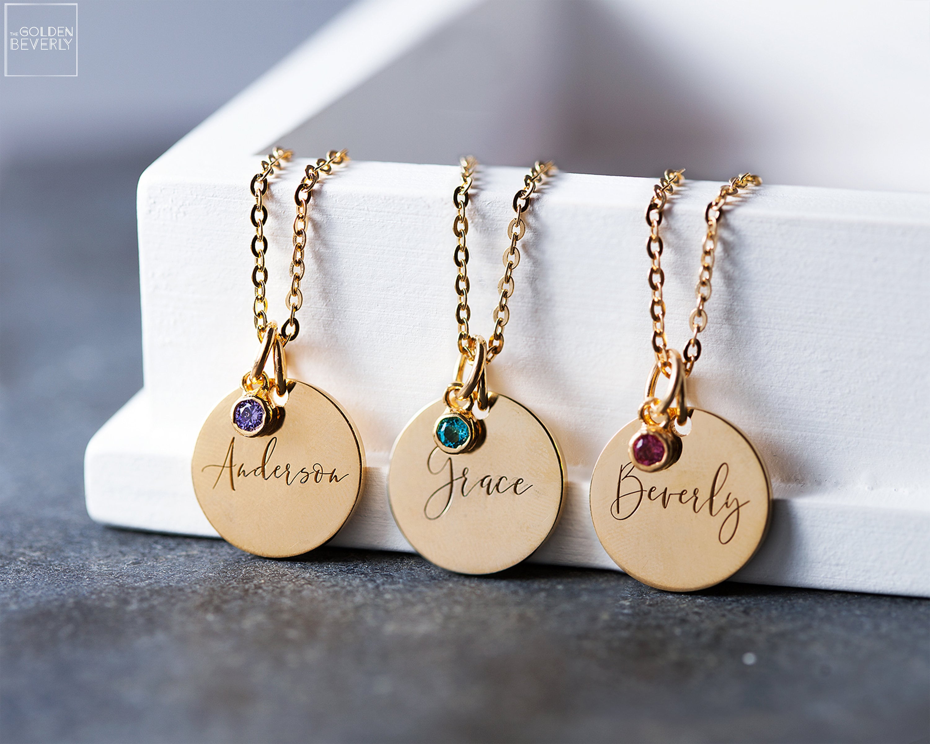 Birthstone Name Necklace Custom Disc Necklace Mothers Day Etsy