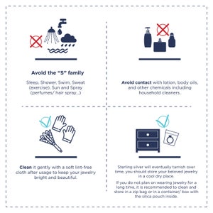May include: A graphic with four sections showing how to care for sterling silver jewelry. The first section shows a red X over a shower head and a cloud with raindrops, with the text "Avoid the "S" family: Sleep, Shower, Swim, Sweat (exercise), Sun and Spray (perfumes/hair spray...)". The second section shows a red X over a bottle of lotion, a bottle of perfume, and a bottle of body oil, with the text "Avoid contact with lotion, body oils, and other chemicals including household cleaners.". The third section shows a checkmark over a pair of gloves and a feather duster, with the text "Clean it gently with a soft lint-free cloth after usage to keep your jewelry bright and beautiful.". The fourth section shows a checkmark over a dresser drawer with a ring inside, with the text "Sterling silver will eventually tarnish over time, you should store your beloved jewelry in a cool dry place. If you do not plan on wearing jewelry for a long time, it is recommended to clean and store in a zip bag or in a container/ box with the silica pouch inside."