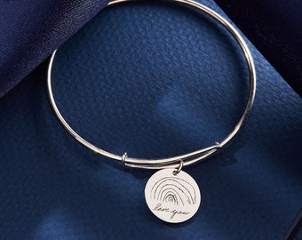 Actual Engraved Handwriting Disc Bracelet - Custom Children Handwriting Jewelry - Personalized Jewelry - Finger Print Bangle- Mom Gifts