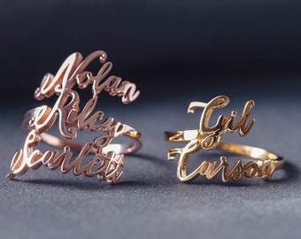 Name Ring Yellow Gold - Personalized Names Ring - Old English Name - Two Names Ring - Your Names Jewelry - CHRISTMAS STUFFERS  - Mom Day B8