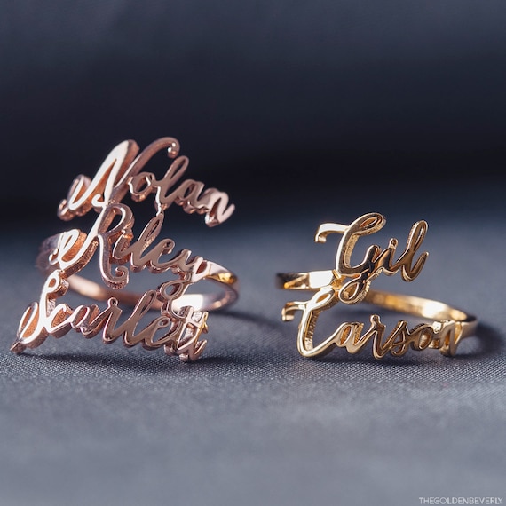 Name Ring Yellow Gold - Personalized Names Ring - Old English Name - Two Names Ring - Your Names Jewelry - CHRISTMAS STUFFERS  - Mom Day B8