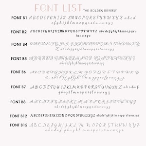 Op de afbeelding: Een lijst met verschillende lettertypen, gelabeld met de lettertype naam en de letters van het alfabet in hoofdletters en kleine letters. De tekst "THE GOLDEN BEVERLY" staat bovenaan de afbeelding.