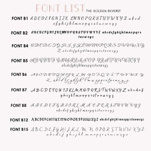 K&ouml;nnte beinhalten: Eine Liste verschiedener Schriftstile, die mit dem Schriftnamen und den Buchstaben des Alphabets in Gro&szlig;- und Kleinschreibung gekennzeichnet sind. Der Text "THE GOLDEN BEVERLY" befindet sich oben im Bild.