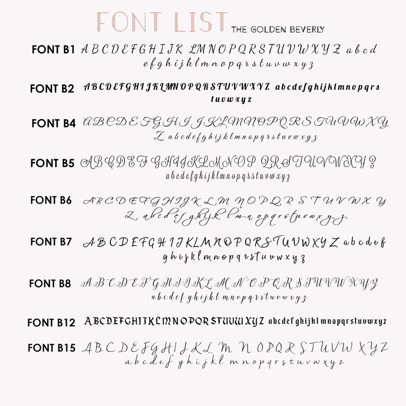 K&ouml;nnte beinhalten: Eine Liste verschiedener Schriftstile, die mit dem Schriftnamen und den Buchstaben des Alphabets in Gro&szlig;- und Kleinschreibung gekennzeichnet sind. Der Text "THE GOLDEN BEVERLY" befindet sich oben im Bild.