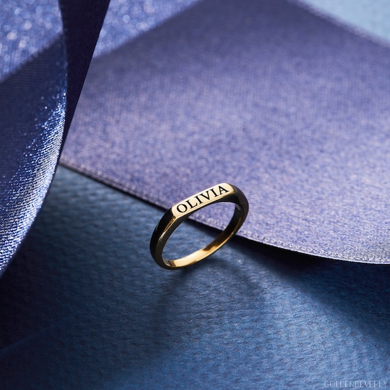 Custom Name Ring Modern Bar Ring Yellow rose Gold Name Ring