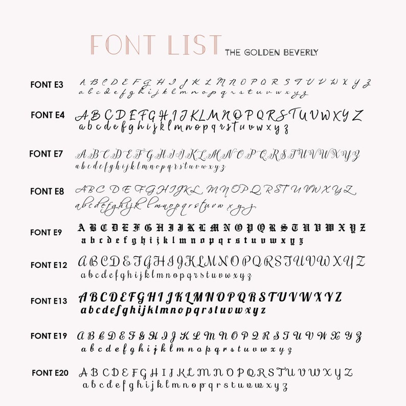 May include: A list of different fonts, labeled E3, E4, E7, E8, E9, E12, E13, E19, and E20. Each font is shown in uppercase and lowercase letters.