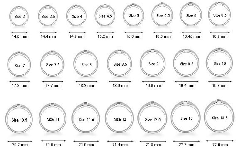 May include: A chart showing different ring sizes with corresponding measurements in millimeters. The chart shows 15 different ring sizes, ranging from size 3 to size 13.5.