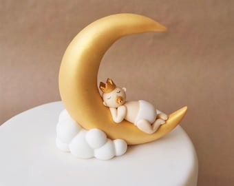 Fondant baby on a moon cake topper for baby shower cake, first birthday cake topper idea, fondant cake decorations, baby shower topper