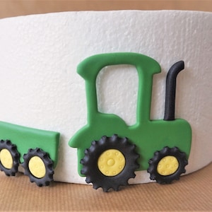 Fondant tractor cake topper set, tractor with trailer, fondant farm topper, farm themed birthday party, farmer first birthday decorations