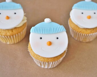 Fondant snowman cupcake topper, snowman topper, winter cupcake topper, winter wonderland themed cupcake decorations, winter 1st birthday