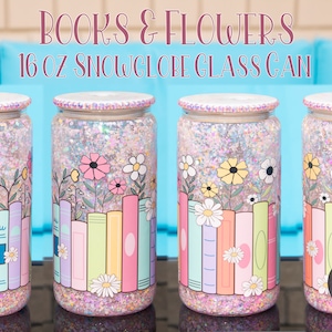 Books and Flowers 16 oz. Glitter Snow Globe Glass Can