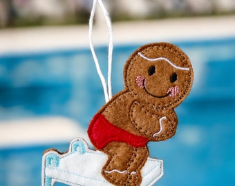 Diving board, swimming, gingerbread person hanging tree decoration, Christmas, congratulations , birthday,  decoration, gift.